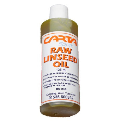 Cartasport cricket linseed oil 125ml bottle, clear liquid in a small plastic container used for cricket equipment maintenance.