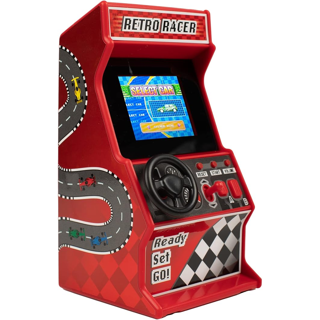 Retro Mini Arcade Racing Game by Thumbs Up with colorful racing controls and screen, featuring 30 classic arcade racing games.