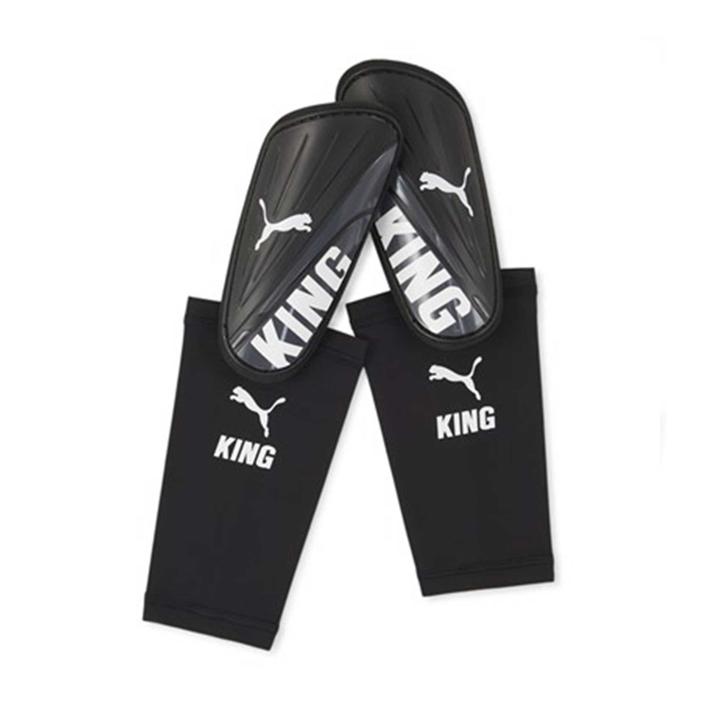 Puma King Sleeve shin guard for sports, black protective gear with Puma logo and adjustable straps for soccer or football.