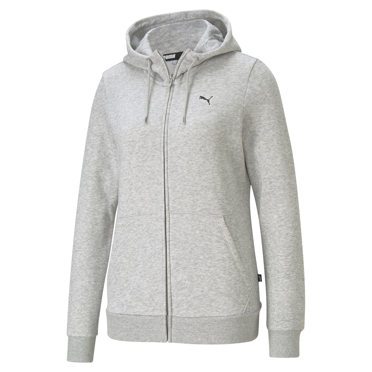 Puma women's small logo zip hoodie in black, featuring front zipper and long sleeves, casual athletic wear for women.