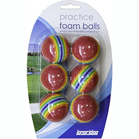 Set of six Longridge foam practice golf balls in assorted bright colors, ideal for indoor and outdoor golf training.