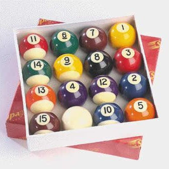 Set of 2-inch snooker and pool balls with spots and stripes from Cartasport, arranged on a playing surface.