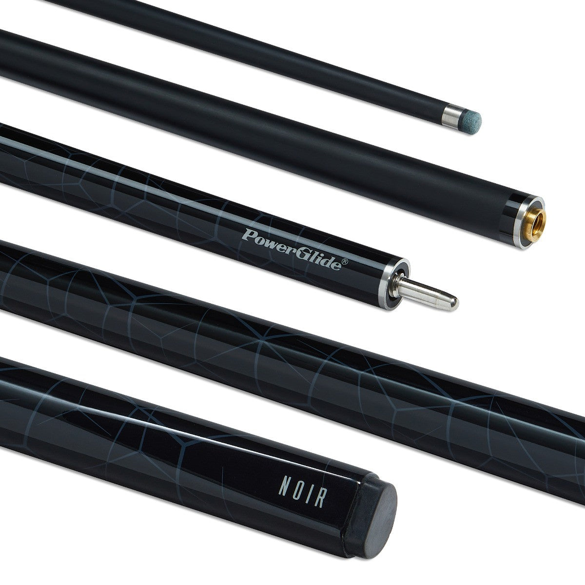 Powerglide snooker cue, 57-inch fiber glass two-piece with 10mm tip and 18oz weight, designed for pool and snooker games.