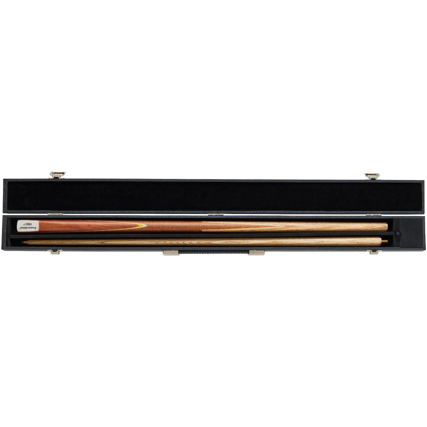 Powerglide Snooker Cue Target 2-Piece 57-inch with 10mm tip, case, and 2 chalks, suitable for snooker and pool games.