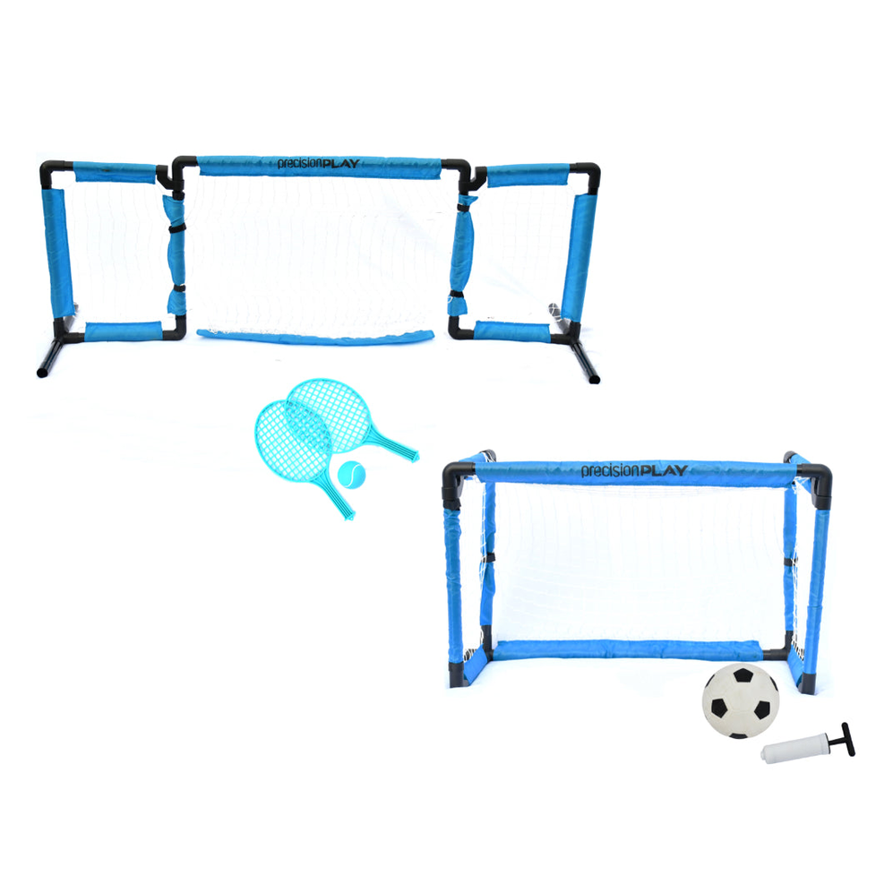 PrecisionPLAY 2-in-1 football goal and tennis net set for kids, featuring colorful poles and mesh netting for active outdoor play.