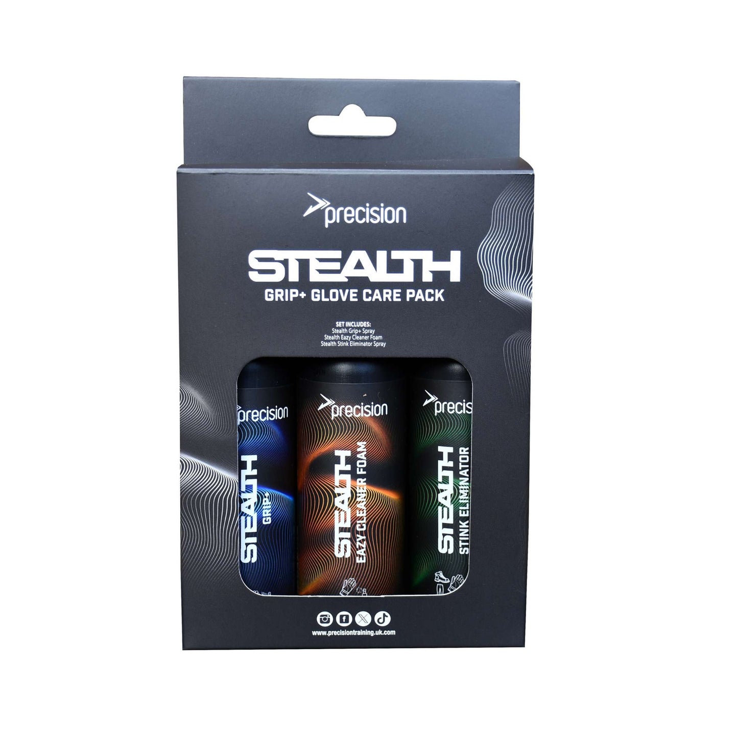 Precision Stealth Grip+ goalkeeper glove care pack with three 100ml bottles for maintaining sporting goods equipment.