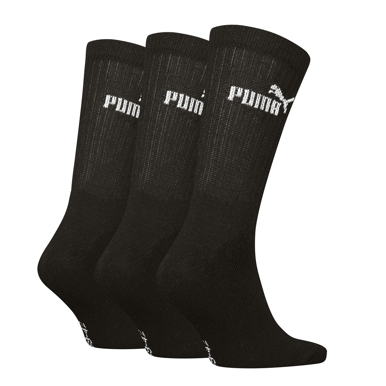 Puma Crew 3-Pack sports training socks in black, white, and grey with Puma logo, designed for athletic comfort and support.