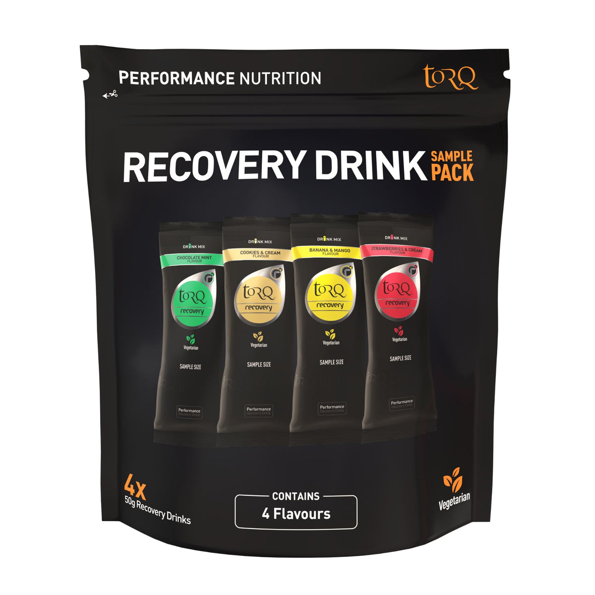 Torq Recovery Drink Sampling Pack with various flavors, ideal for post-workout replenishment and athletic recovery.