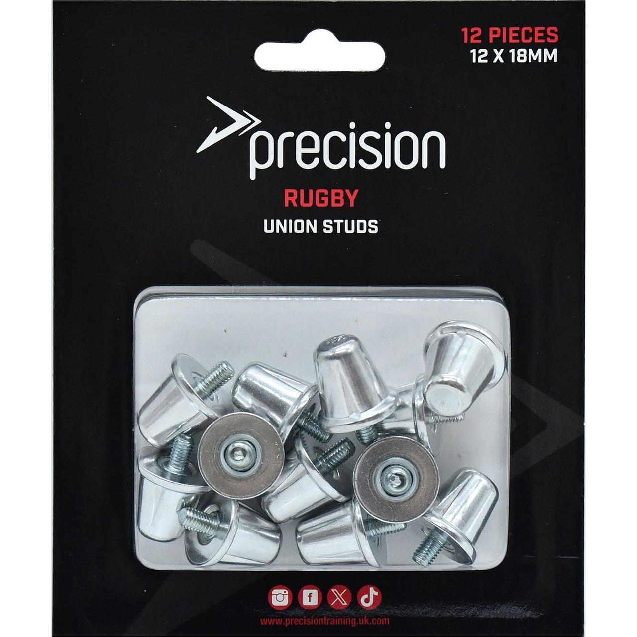 Set of 12 Precision Rugby Union Studs, 21mm long, for sporting goods, featuring metal tips and durable construction for rugby footwear.