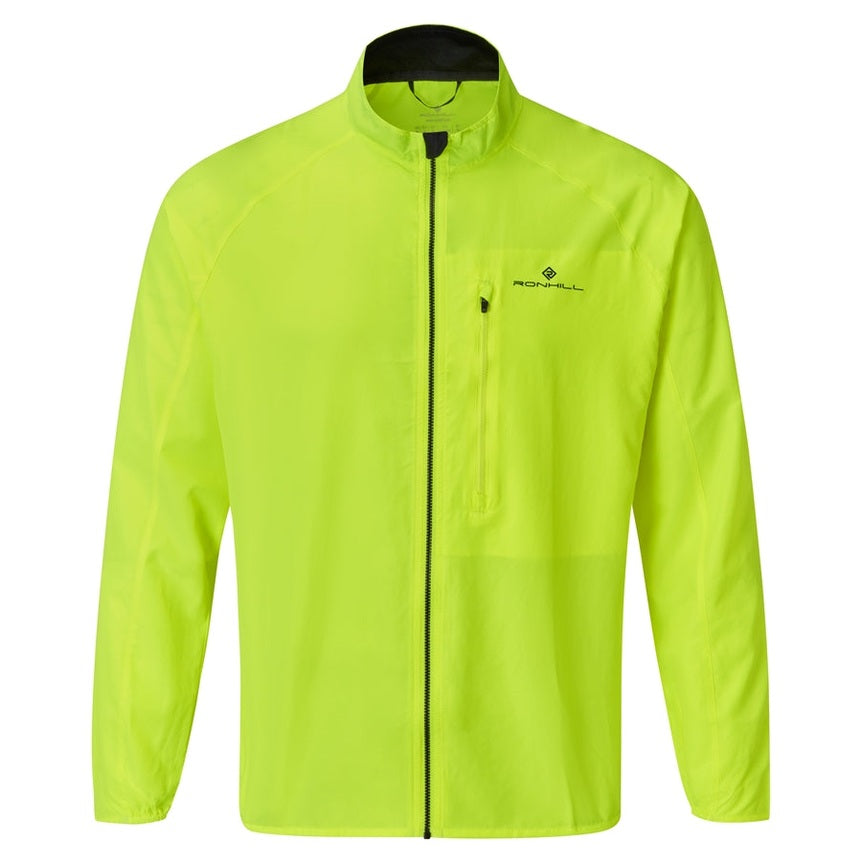 Ronhill men's Core running jacket in black with front zipper and reflective details, designed for RONHILLRUNNING activities.