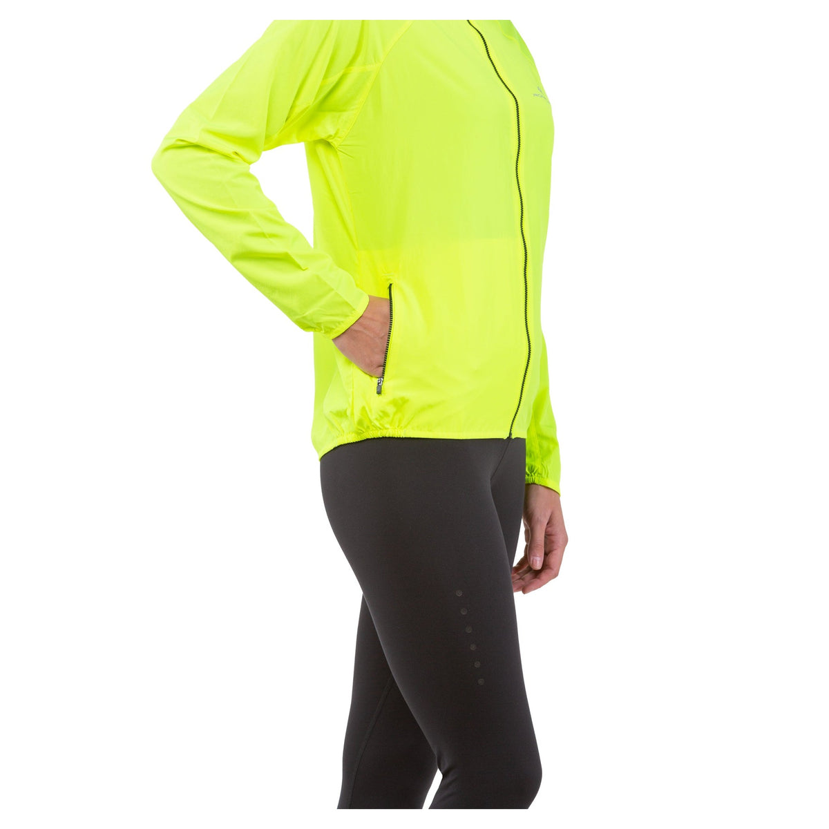 Ronhill Women's Core Running Jacket in black with a high collar and full-length zipper, designed for active running and outdoor exercise.