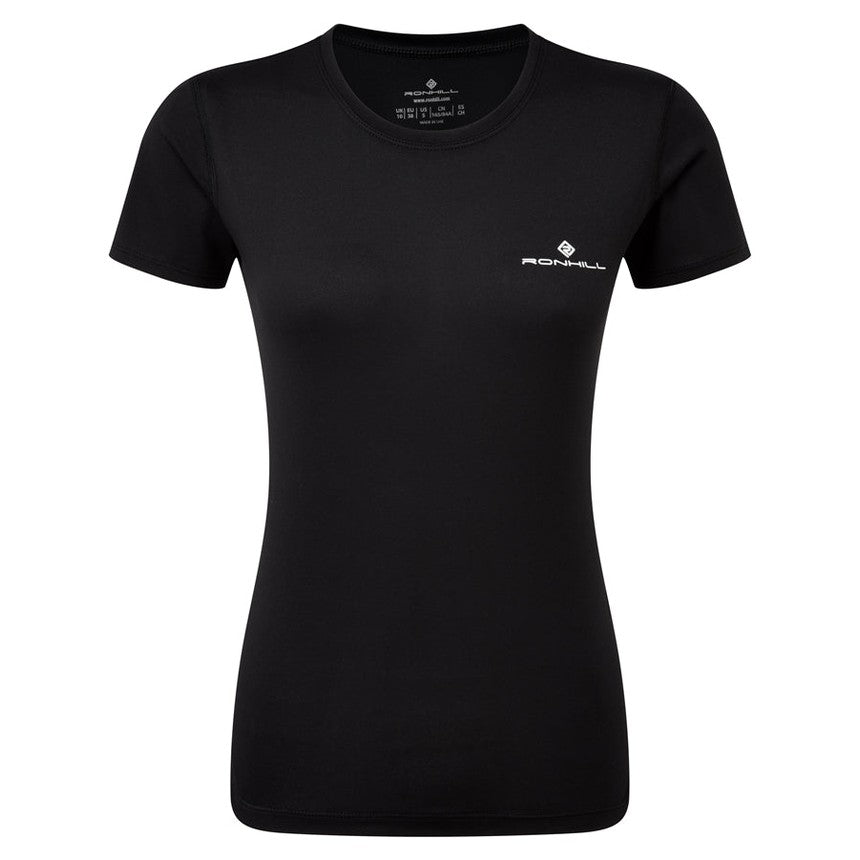 Ronhill women's Core short sleeve running tee in black, lightweight fabric with crew neckline and breathable design.