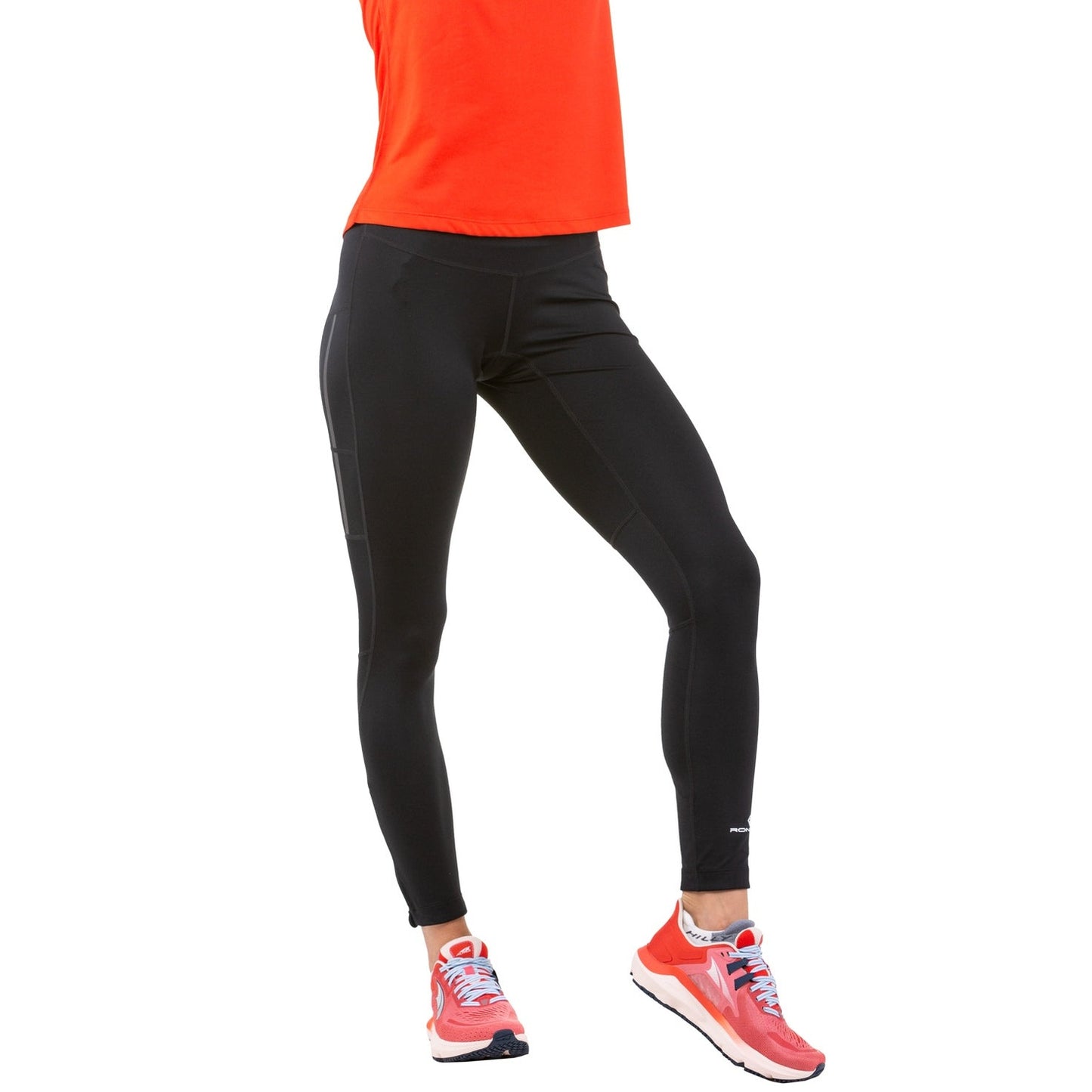 Ronhill women's core running tights, black RONHILLRUNNING leggings with stretch fabric, suitable for exercise and athletic activities.