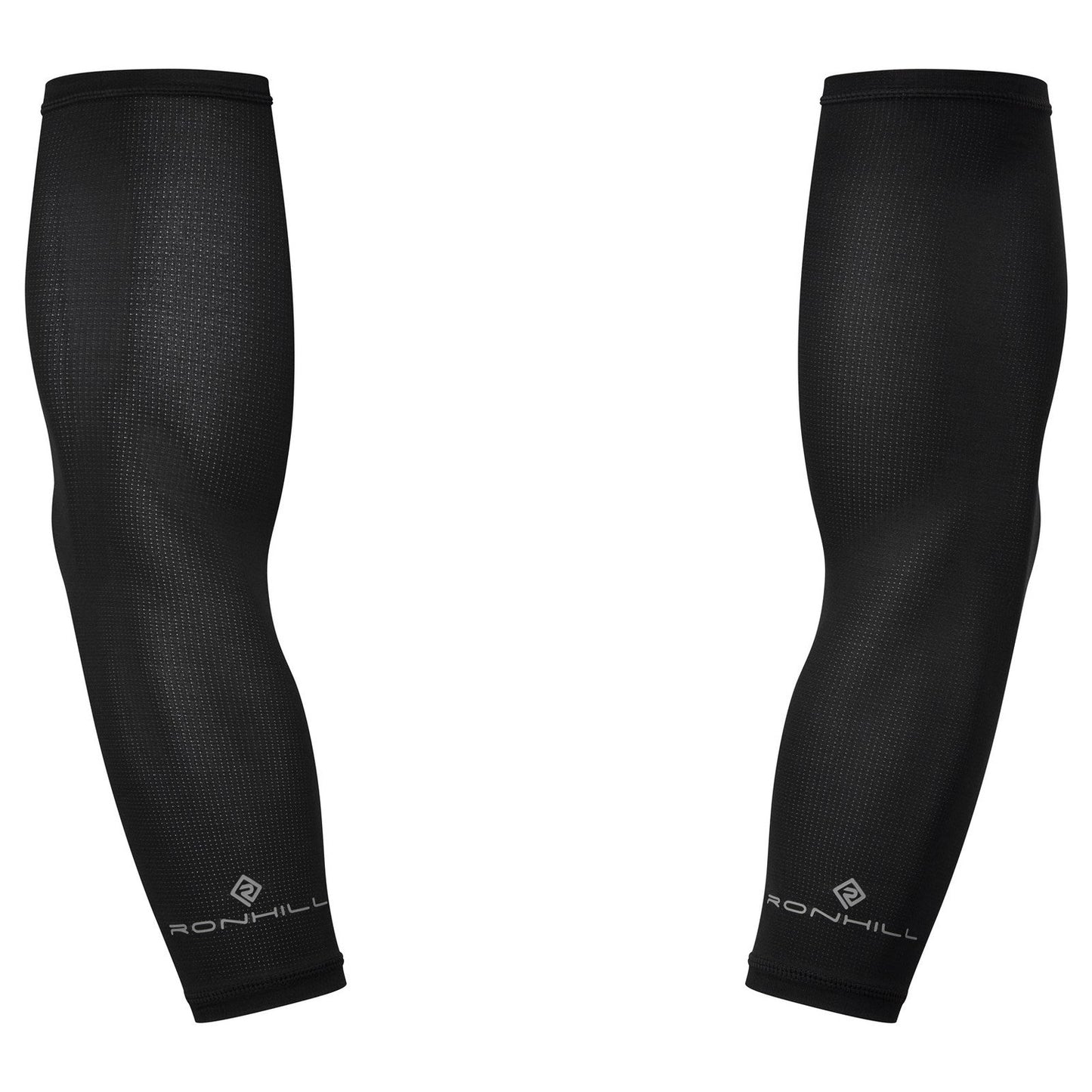 Ronhill Race arm sleeves in black with subtle logo detail, designed for athletic performance and sun protection.