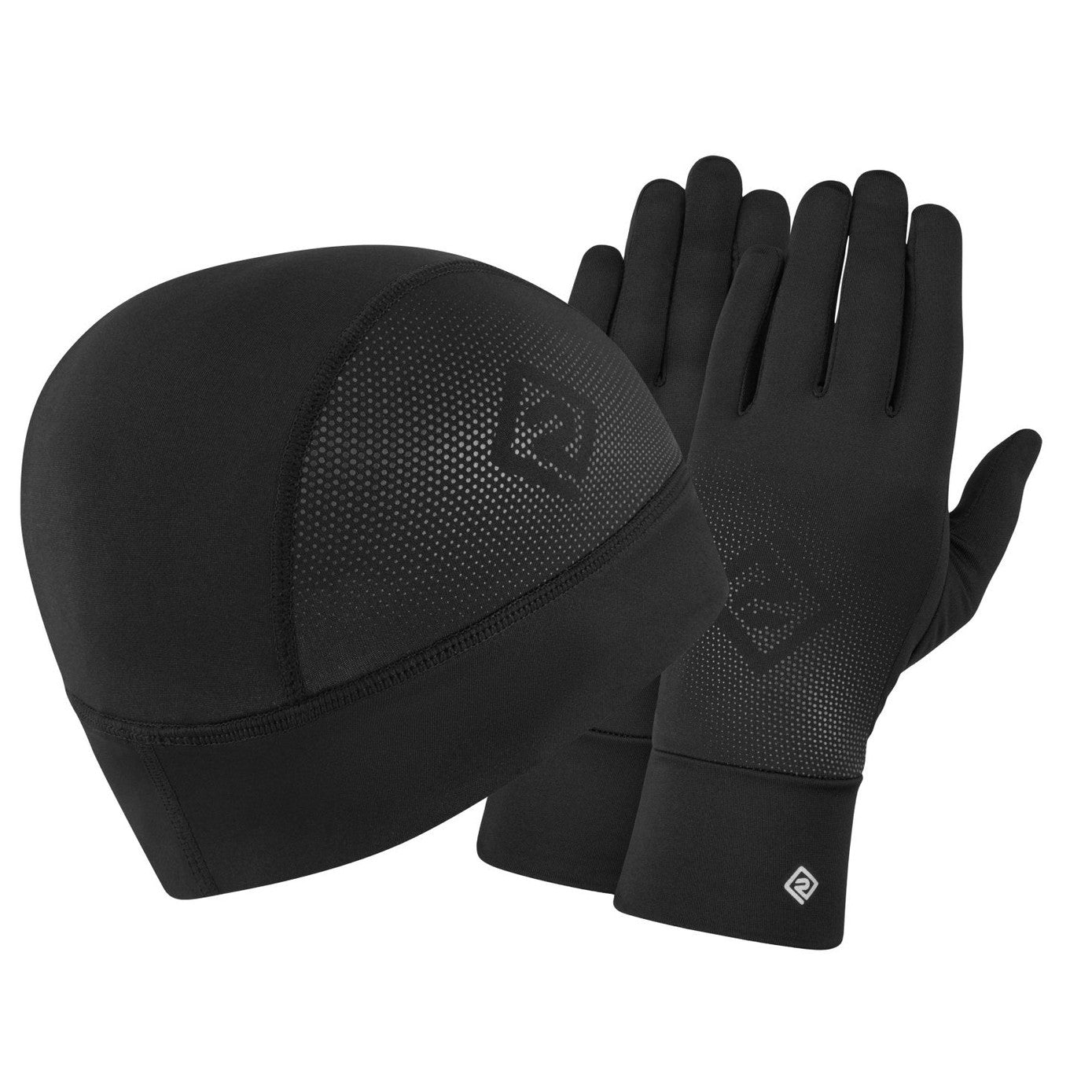Black Ronhill Beanie and Glove Set, warm accessories for outdoor activities, featuring the Ron Hill logo and cozy knit design.