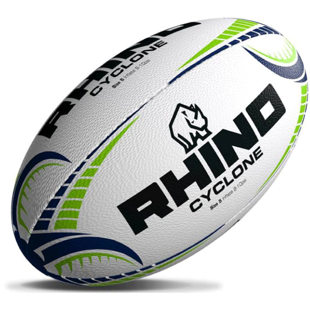 Rhino Cyclone Rugby Ball with bold black and white design, textured surface, and Rhino branding visible.