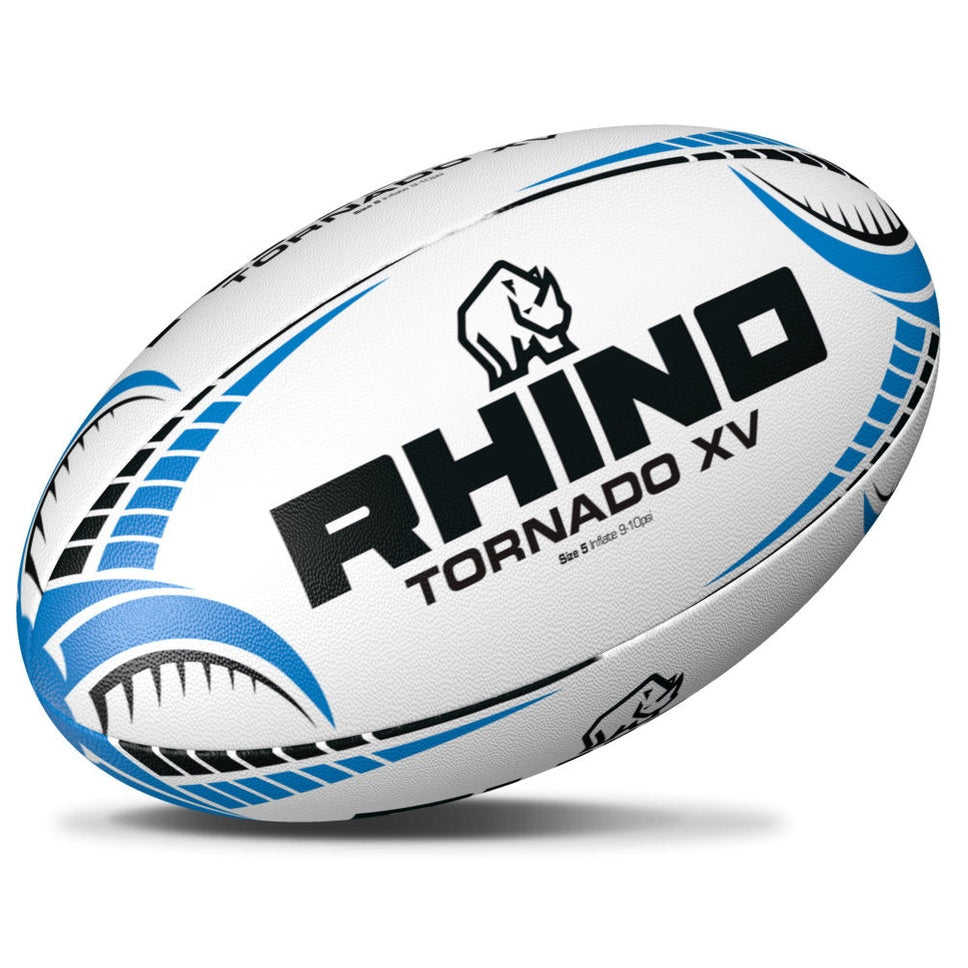 Rhino Tornado XV rugby ball featuring bold black and white design, designed for rugby players and sporting events.