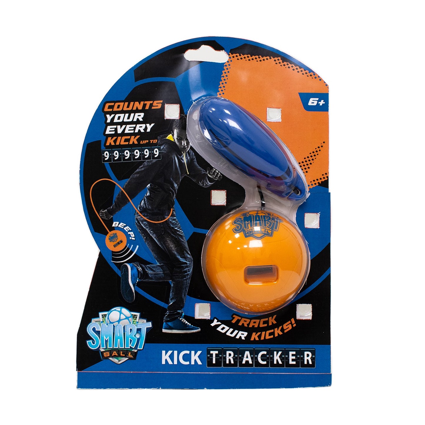 Smart Ball kick tracker with LED counter and retractable cord, designed for sports training and activity monitoring.