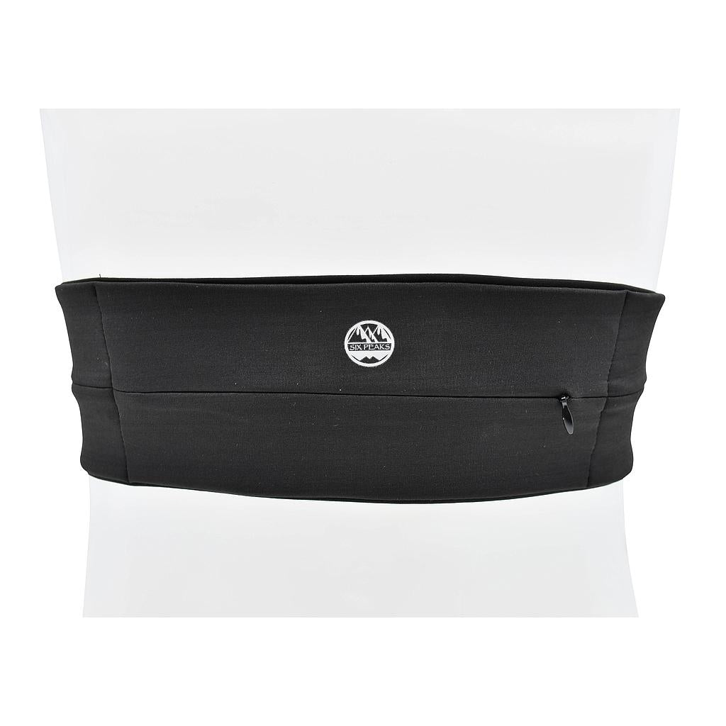 Six Peaks running waist band with zip pocket, black sport belt designed for outdoor activities and secure storage.
