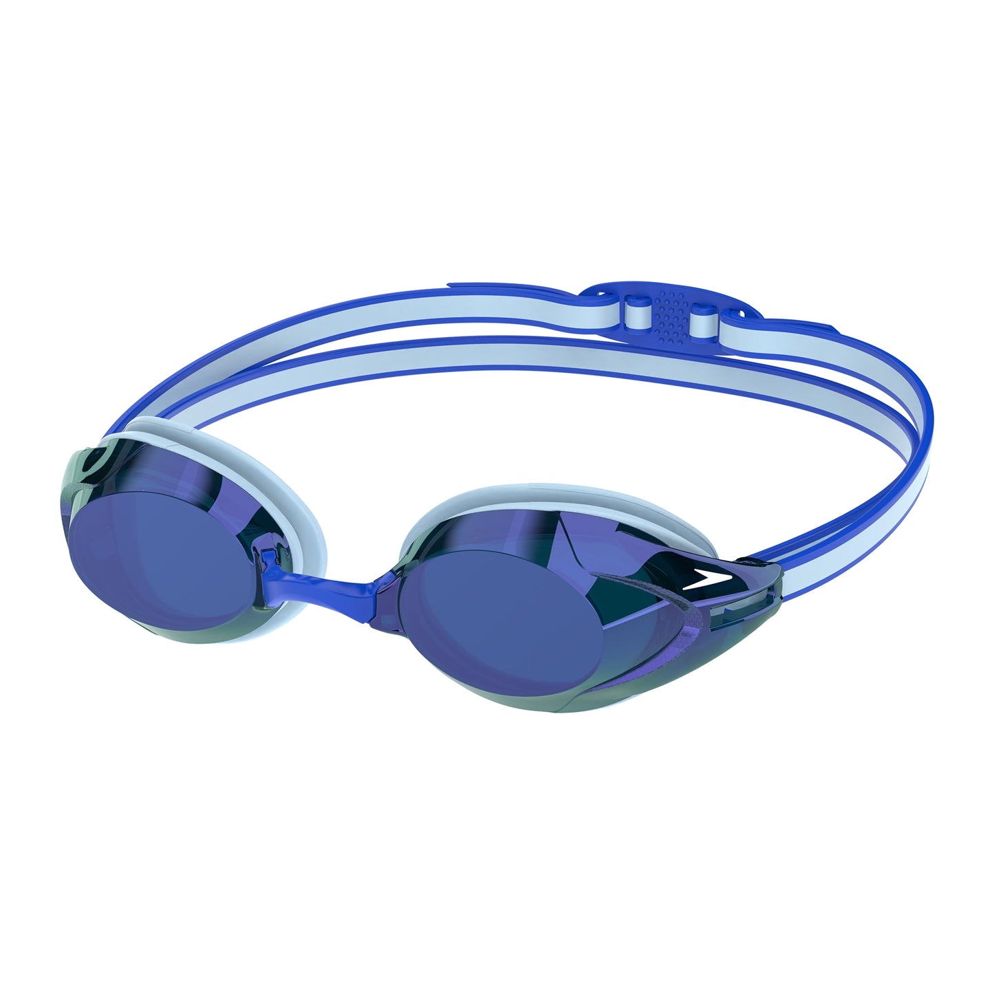 Speedo Vanquisher 3.0 mirrored swimming goggles with adjustable straps and reflective lenses, designed for competitive swimming.