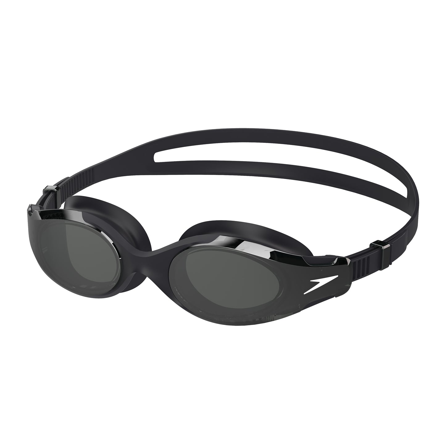 Speedo Hydrosity 2.0 mirrored black swimming goggles with adjustable straps and clear lens for improved underwater visibility.