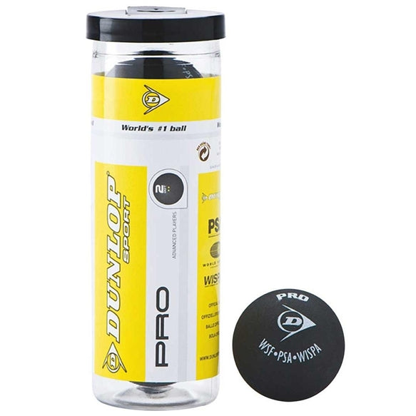 Dunlop 3-ball tube of Squash Balls Pro 2 Dot, suitable for competitive squash matches, with the product image showing the tubes.