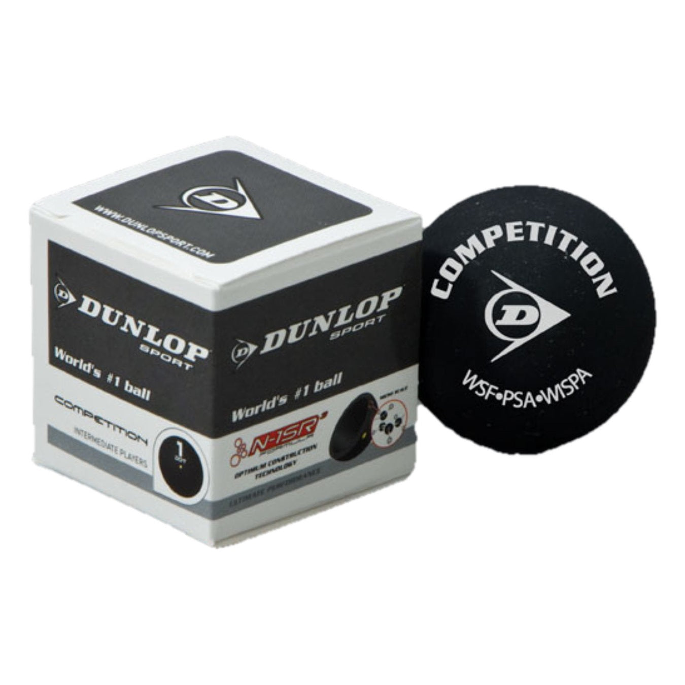 Dunlop squash ball for competition, standard size and white color, with the brand logo visible on the ball.