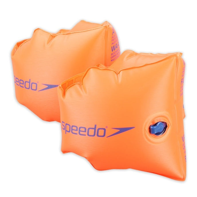 Speedo swimming armbands for kids, bright blue and adjustable, providing safety and comfort for swimming lessons.