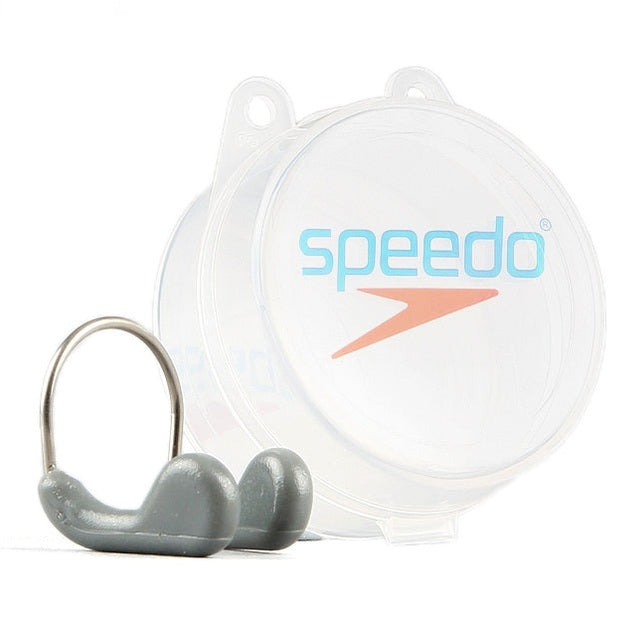 Speedo competition swimming nose clip with adjustable strap and soft silicone pads for secure fit during swim training