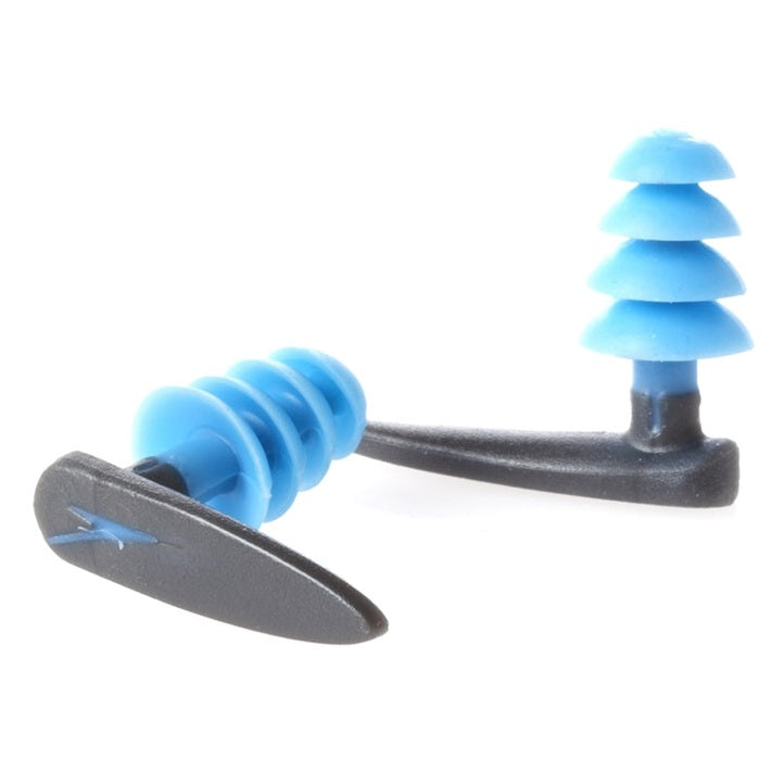 Speedo Biofuse swimming earplugs designed for water protection, shown in a close-up of the molded, soft silicone earplug.