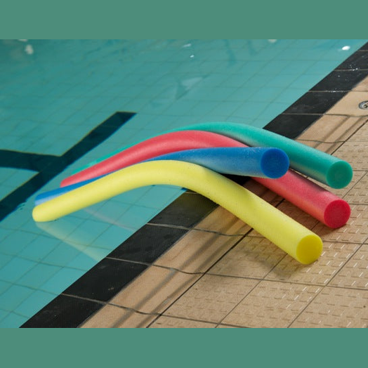 Colorful SwimTech swim noodle in assorted bright colors, made of lightweight foam for swimming and water exercise.