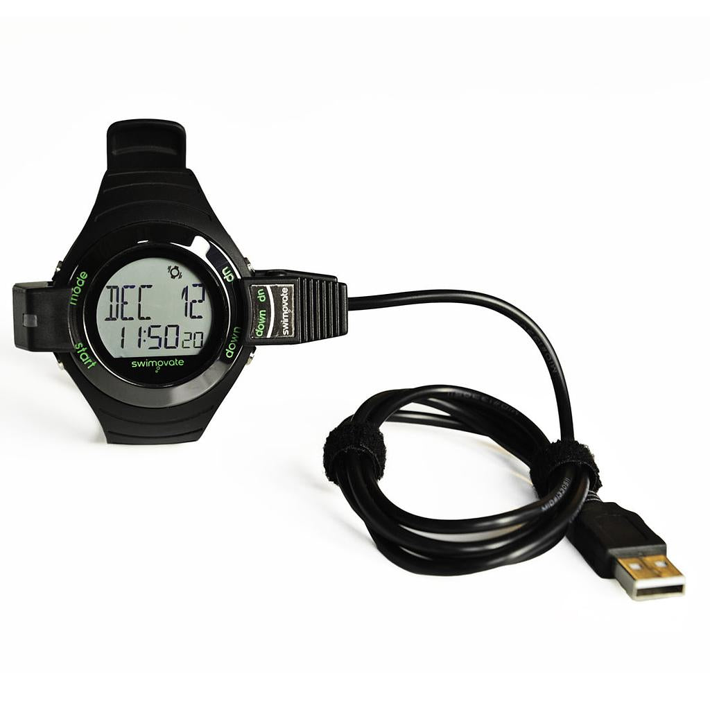 Swimovate Poolmate Live swim watch with data clip showing digital display and sports features for swimmers.