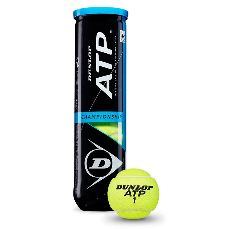 Dunlop ATP Championship tennis balls with bright yellow outer surface, standard size, and brand logo visible.
