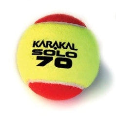 Karakal low compression tennis balls for improved control and softer play, shown in a set of three on a tennis court.
