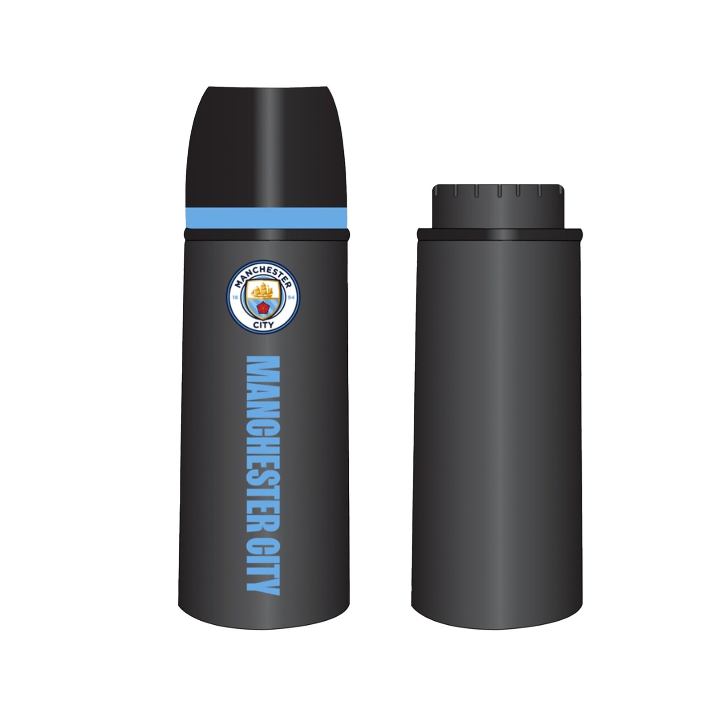 Foco Team Merchandise 350ml thermal flask for sports, stainless steel with black lid and team logo, ideal for active use