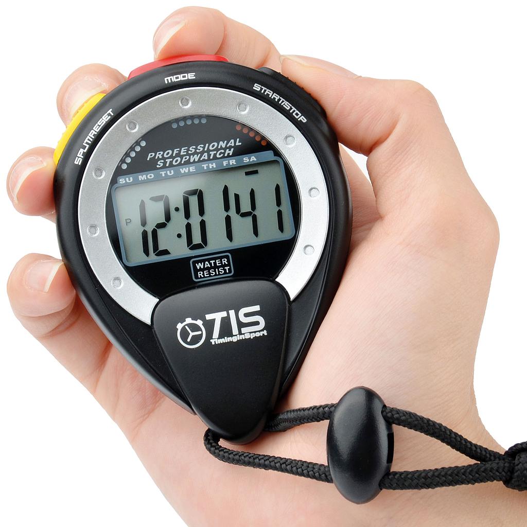TIS Pro 025 water-resistant stopwatch for sports timing, with digital display and durable design for athletic activities.