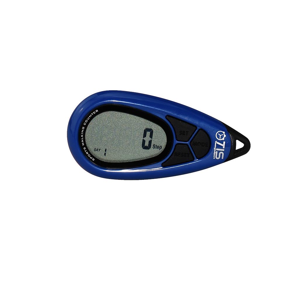 TIS Pro 077 3D Pedometer black digital display showing step count and activity data, designed for tracking walking and running.