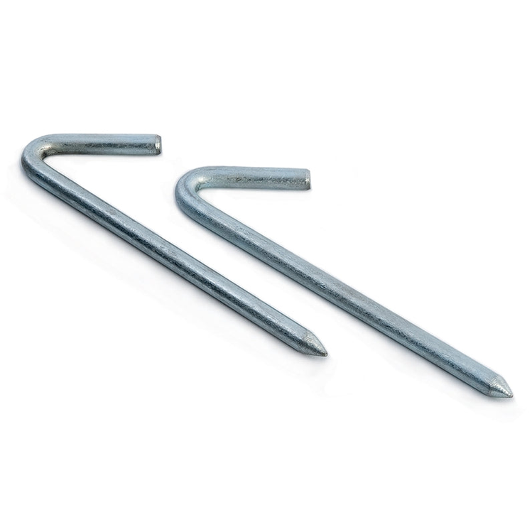 Precision heavy duty steel net pegs for sports, shown in a bag of 20, durable metal stakes for securing nets during play.