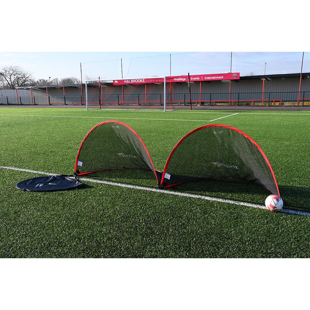 Precision Pop-Up Soccer Goals Set for quick setup and portable practice, ideal for outdoor soccer training and games.