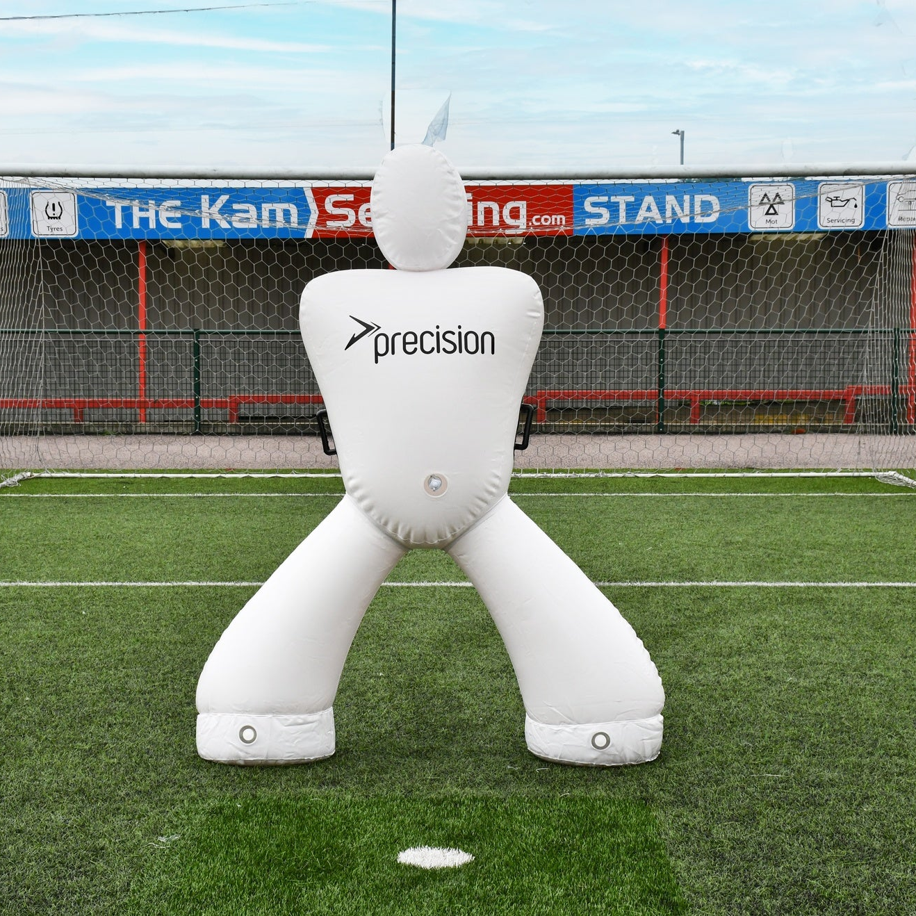 Precision Goliath inflatable mannequin for sporting goods display, shown fully inflated with realistic human features.