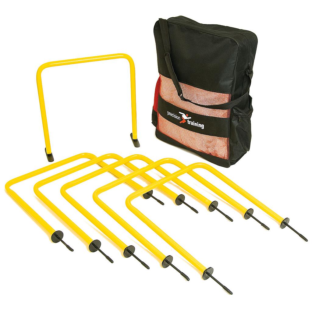Six Precision indoor/outdoor passing arcs arranged in a bag for sporting goods training and agility drills.