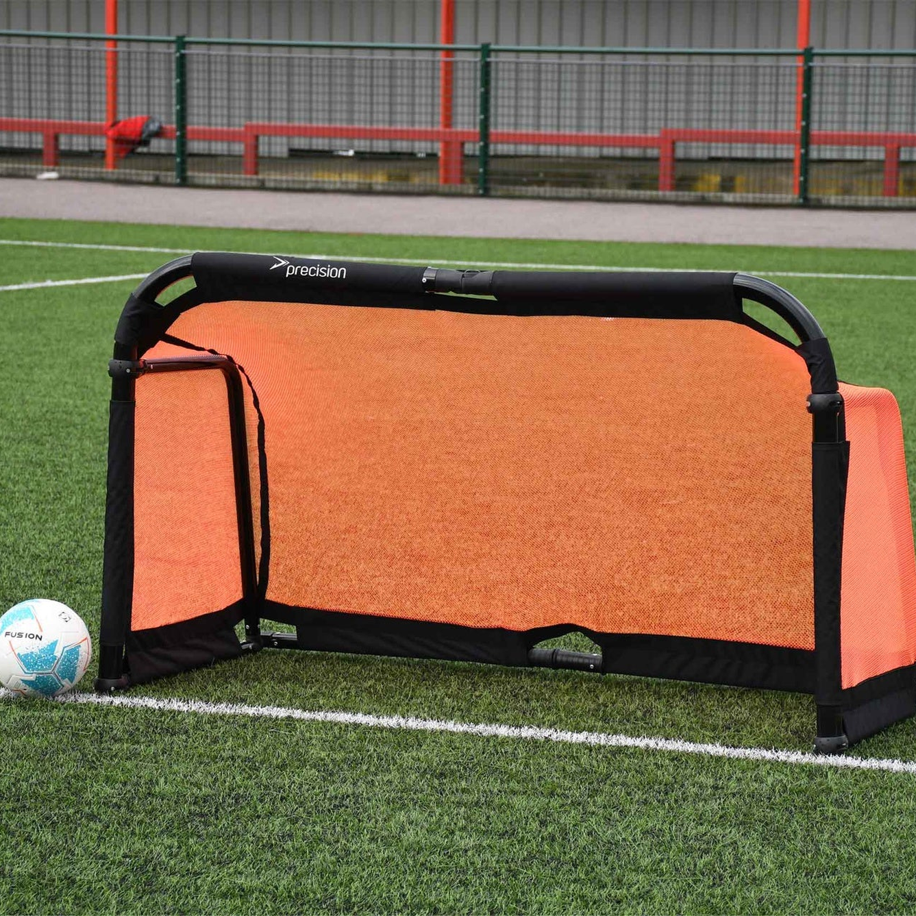Precision Aluminium Folding Goal 5' x 3' for sporting goods, shown assembled with sturdy metal frame and net for soccer practice.
