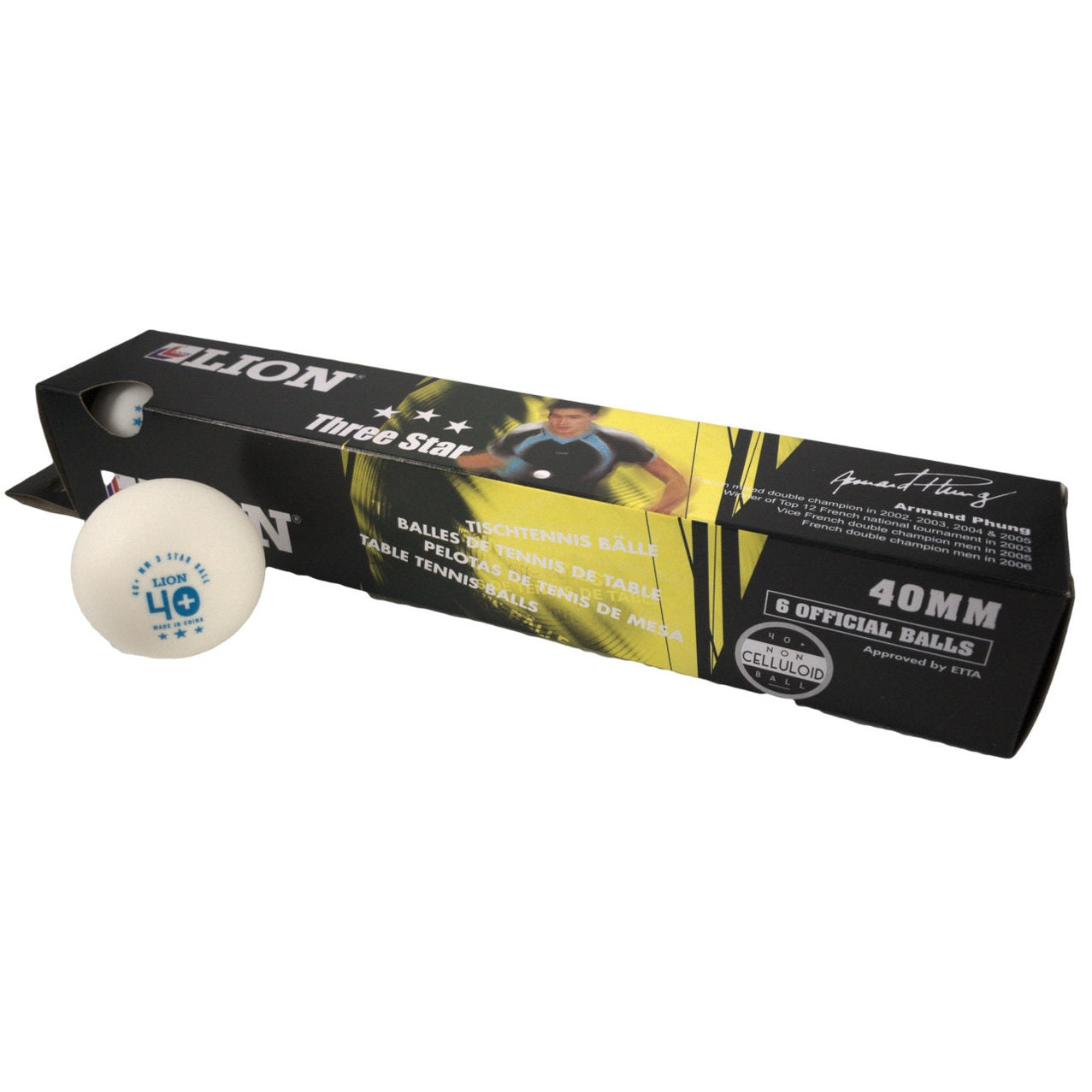Box of Lion Table Tennis Balls, three white ping pong balls, standard size and quality for competitive and recreational play.