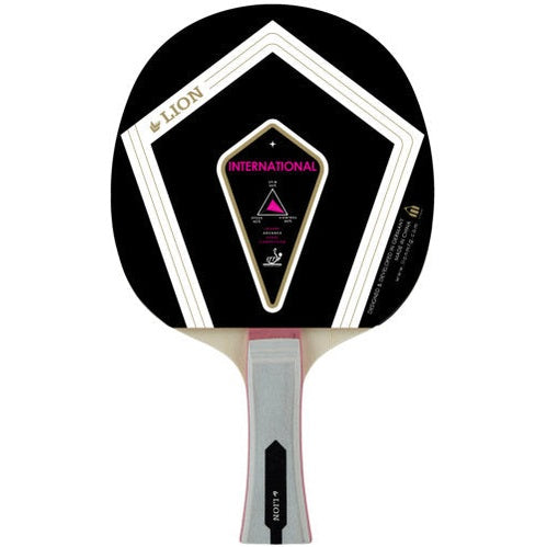 Lion Tt Bat International table tennis paddle with red rubber and wooden handle, designed for competitive play.
