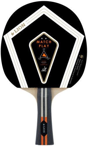 Lion Tt Bat Match Play table tennis racket with red and black rubber, featuring a wooden handle and grip for competitive play.