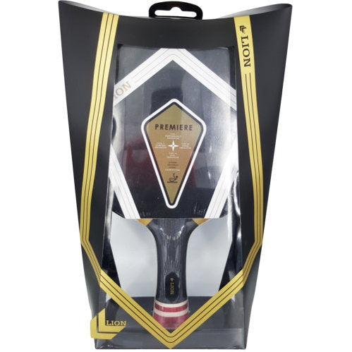 Lion Tt Bat Premiere table tennis paddle with black and red rubber, featuring a wooden handle and grip design.