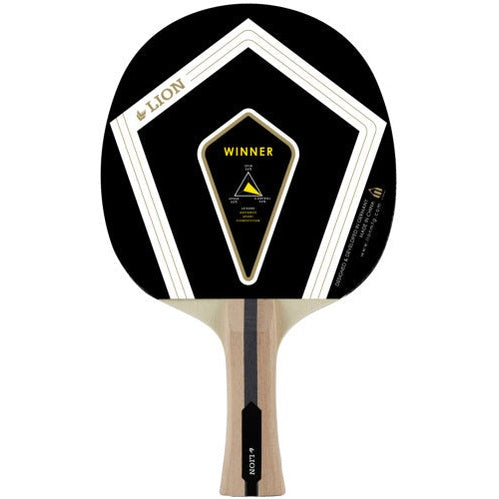Lion Table Tennis Bat Winner with red and black rubber, featuring a wooden handle and grip for professional table tennis play.