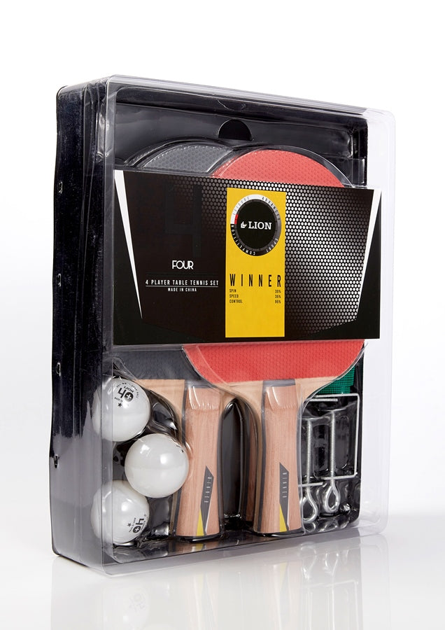 Lion Ts-311 table tennis set with four paddles and balls, designed for competitive play and family fun.
