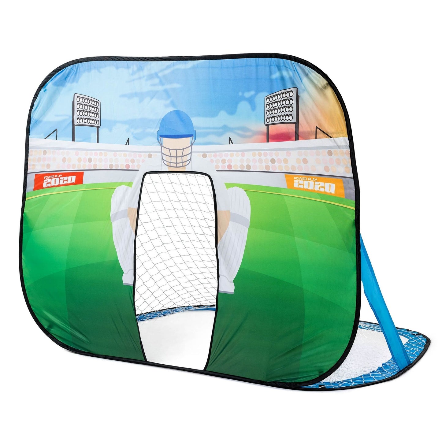 PowerPlay 2-in-1 pop-up goal and wicket keeper for sporting goods, set up for cricket or goal practice, portable and easy to assemble.