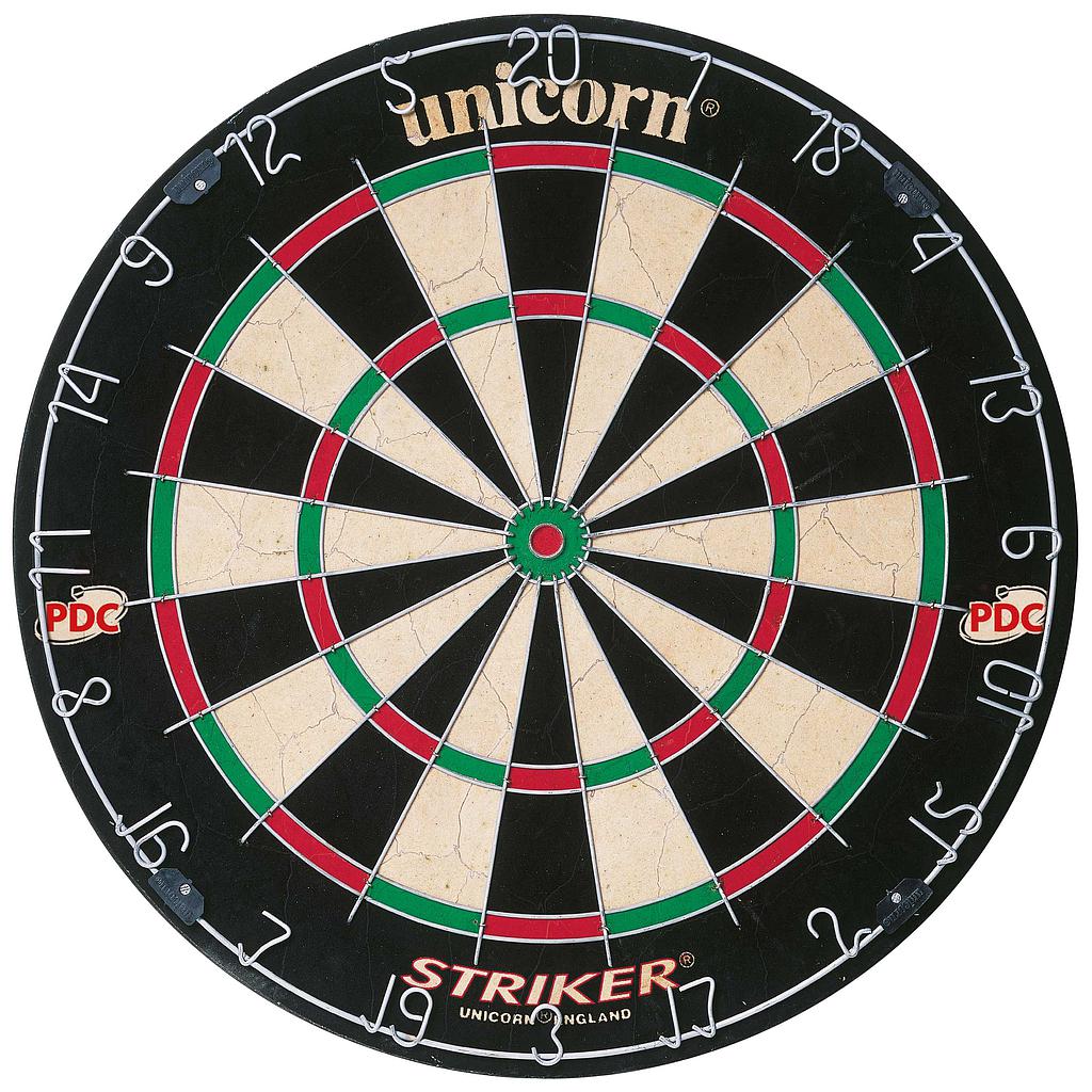 Unicorn Unicorn Striker Bristle Dartboard with colorful target sections and dart scoring zones for competitive darts play